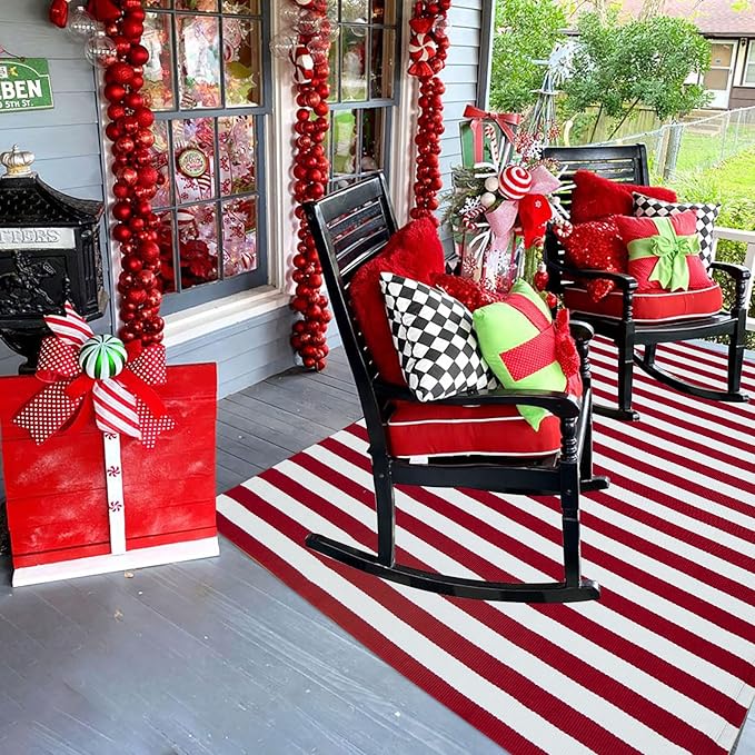 Christmas Outdoor mat Red and White Striped Outdoor Rug Front Porch Rug,Christmas Home Decor, Layerd Welcome Doormat for Front Porch Decor, Front Door, Farmhouse Decor (Red and White, 4' x 6')