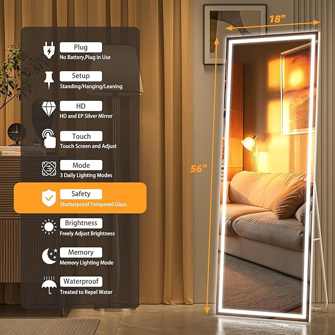 Hasipu Full Length LED Mirror with Lights, 56" x 18" Floor Standing or Wall Hanging Mounted, Full Body Dressing Mirror, Dimmable Tempered Glass, Square White