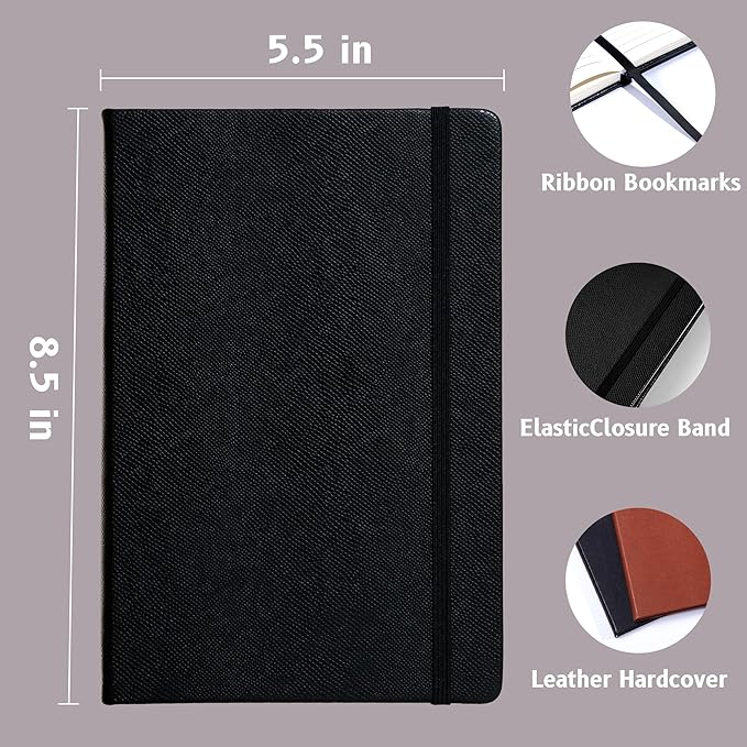 Lined Journal Notebooks for Work 2 Pack, 320 Pages, Medium 5.5 in x 8.5 in - 100 GSM Thick Paper, Hardcover Journal Leather Notebook for Writing & Note Taking, 2 Black