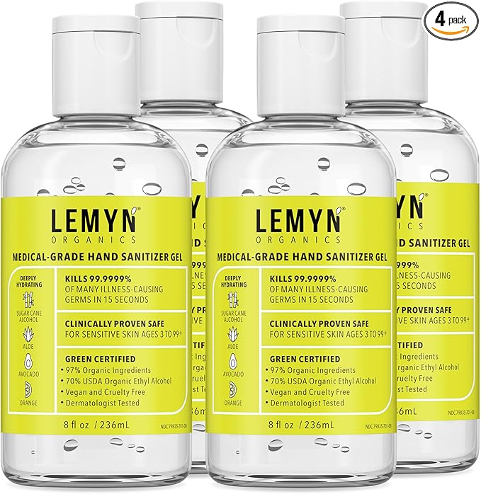 Medical Grade Hand Sanitizer Gel - 97% ORGANIC - 8 FL.OZ. Flip-Top (PACK OF 4)