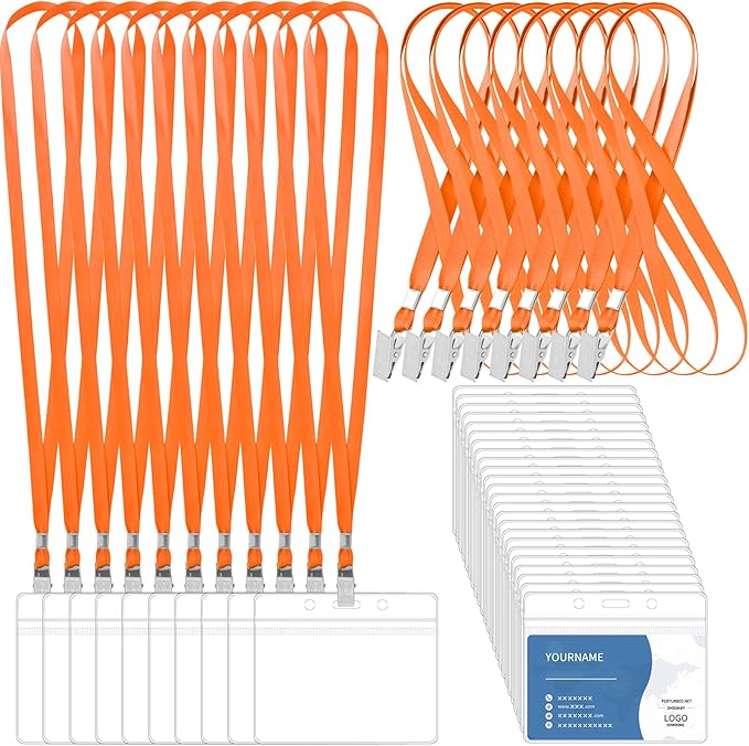 100 Pcs Lanyards for ID Badges and 100 Pcs Clear Name Tag Holders Reusable Lanyard with Clip Plastic ID Card Badge Holder Name Badges for Adults Kids Business School Office Supplies (Orange)