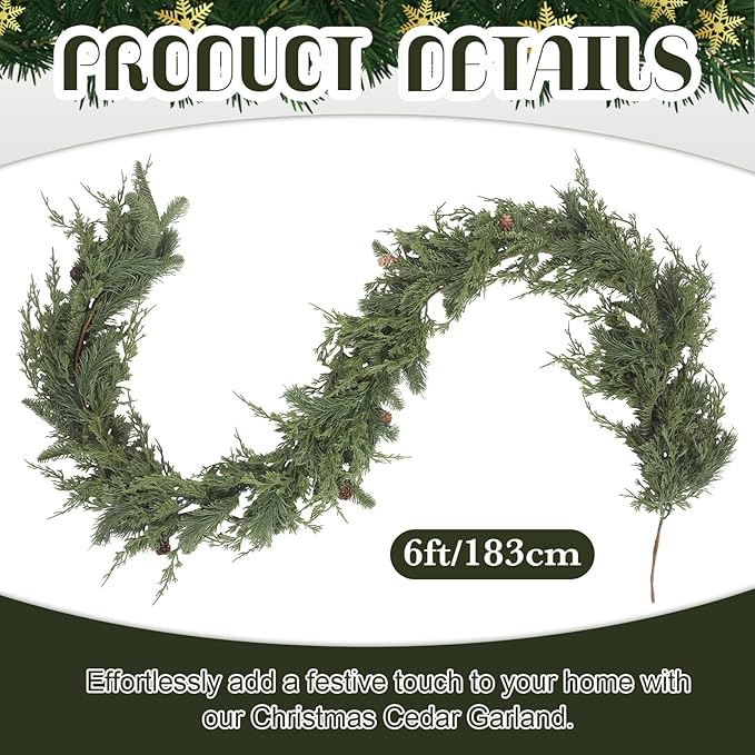 1 Pcs 6 ft Christmas Cedar Garland Greenery Realistic Cedar Pine Needles Garland Artificial Decoration for Table, Mantel, Wall, Home Winter Holiday Party Decor