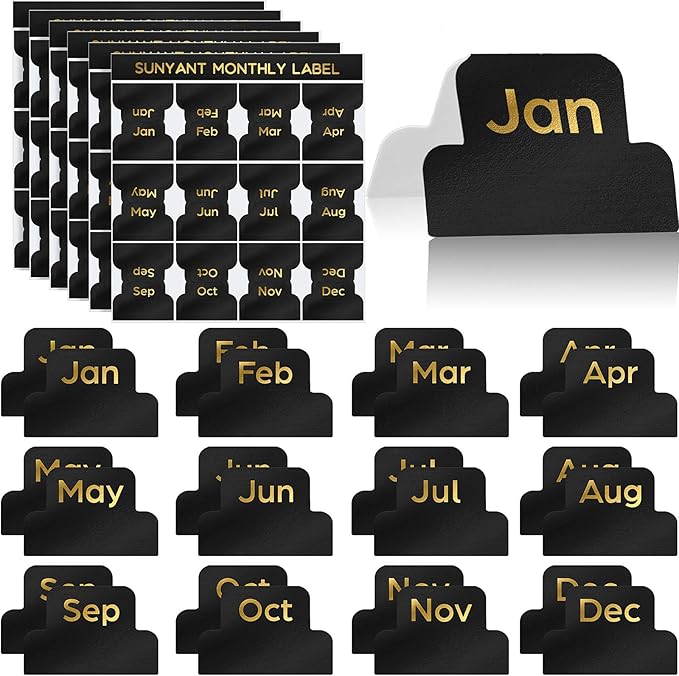 72 Pieces Adhesive Monthly Planner Tabs Monthly Index Stickers Decorative Label Calendar Stickers for Office Study Planner Journal Notebook Back to School Accessories(Black)