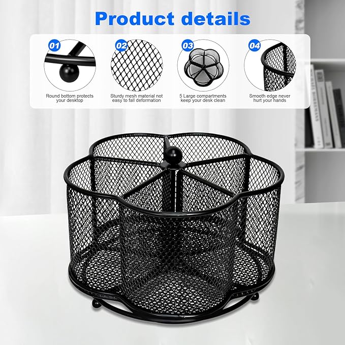 360 Degree Rotate Pen Holder for Desk Mesh Desk Pen Organizer Pencil Holder Large Capacity Accessories & Workspace Organizers for School,Home (Black, No hook)