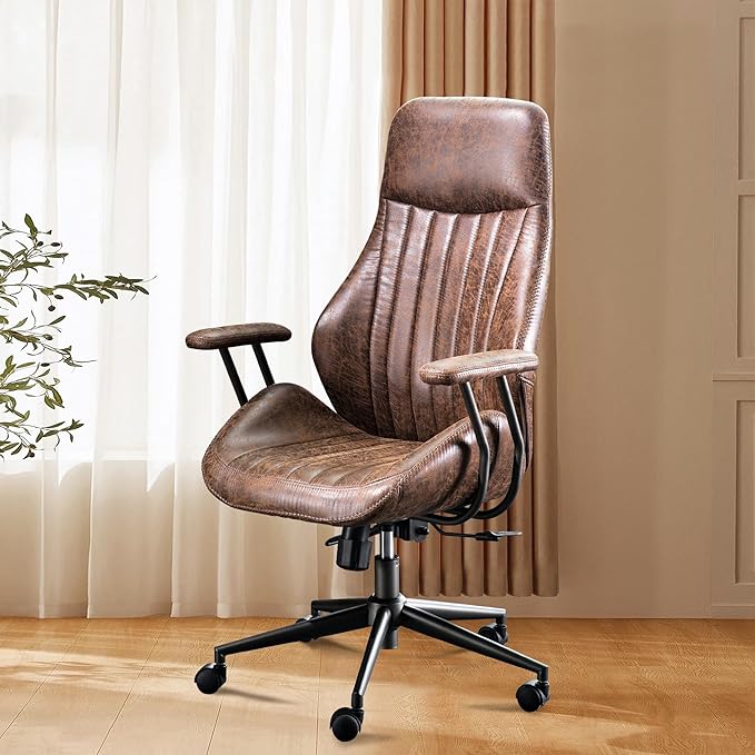 Mid Century Modren Office Chair - High Back Swivel Executive Chair with Lumbar Support,Ergonomic Computer Desk Chair with Wheels,Faux Lether Suede Task Chair,350lbs(Dark Brown, High Back)