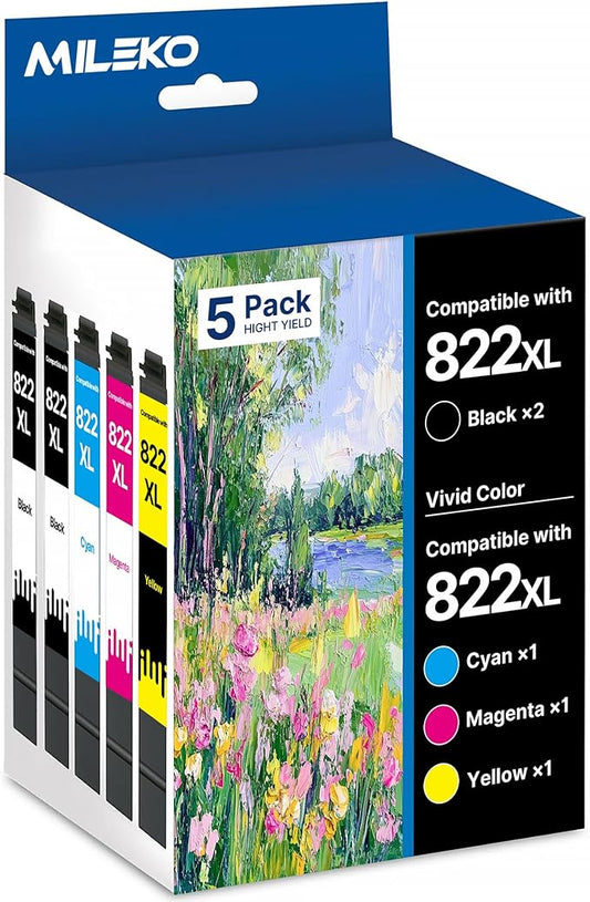 822XL Ink Cartridges Remanufactured Replacement for Epson 822XL Ink Cartridges for Epson 822 822 XL T822 for Epson WF-3820 Printer Workforce Pro WF-4820 WF-4830 WF-4833 WF-3823 Printer（5 Pack, 822XL）