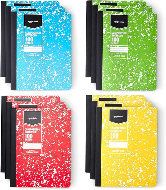 Amazon Basics Composition Notebook, College Ruled, 100 Sheets, 9.75" x 7.5", 12 pack, Assorted Marble Colors