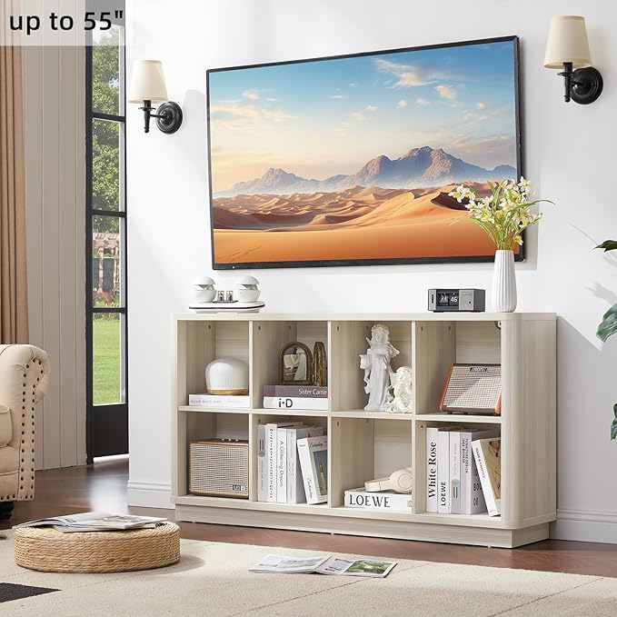 8 Cube Storage Bookcase, 52" Long Horizontal Book Shelf w/Curved Edge, Wooden Floor Standing 2-Tier Cubby Console Bookshelf with Base, Modern Low TV Stand for Living Room, White Cream Oak