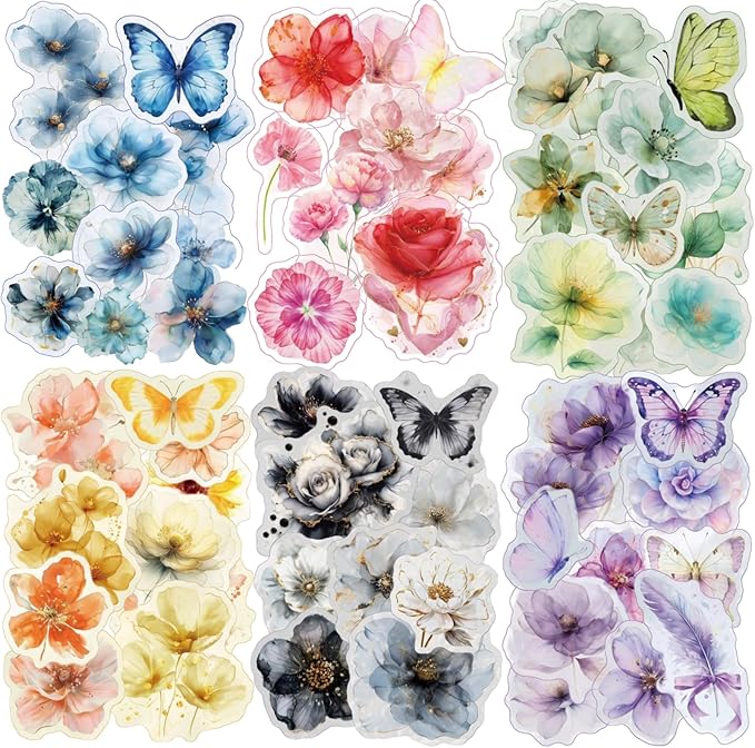 120 Pieces Vintage Floral Themed Scrapbook Stickers, 6 Pack Aesthetic Decorative Flower Stickers for Scrapbooking Planner Junk Journal Supplies Collage