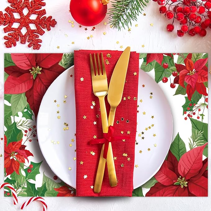 50 Pack Christmas Velvet Poinsettia Paper Placemats,16x 11 Inch Red Poinsettia Flower Disposable Placemats Poinsettia Golden Tablemats for Kitchen Dining Winter Holiday Christmas Party Supplies