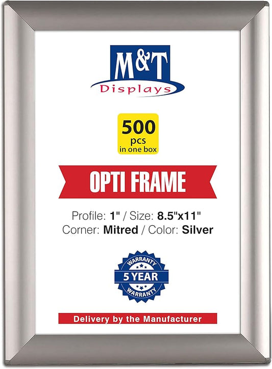M&T Displays Opti Snap Poster Frame 8.5x11 Inch Silver 1" Aluminum Profile Front Loading Wall Mounting Photo Picture Document Certificate Sign Holder Mitered Corner Anti Glare Cover (500 pack)