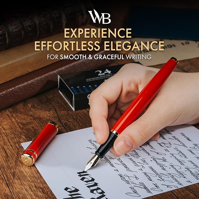 Wordsworth & Black Fountain Pen Set, 18K Gilded Broad Nib, Includes 24 Pack Ink Cartridges, Ink Refill Converter & Gift Box, Gold Finish, Calligraphy, [Crimson Red], Perfect for Men & Women