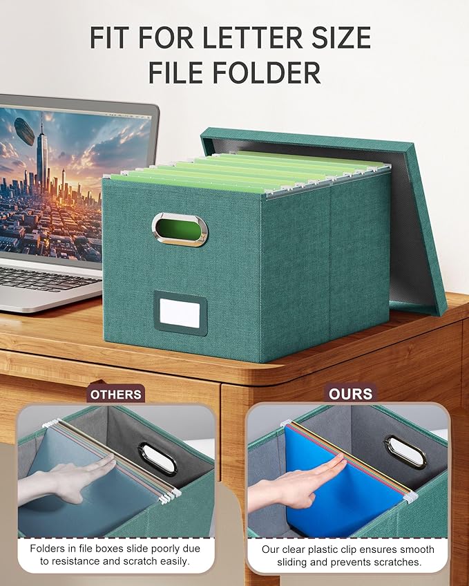 Oterri File Organizer with Lid, File Box, File Cabinet for Letter File Folder Storage, Hanging File Organizer for Office/Decor/Home,Document Organizer, 1 Pack,Forest-Green-Box Only