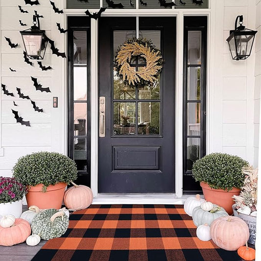 Fall Décor Orange and Black Plaid Rug, 2'4" x 3'7" Fall Outdoor Front Door Decorative Mat, Hand-Woven Rug for Layered Door Mats Washable Carpet for Porch, Entryway, Farmhouse, Autumn, Halloween