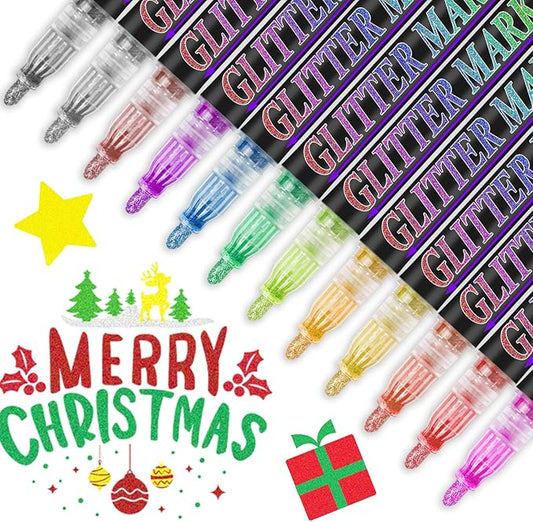 Glitter Marker Pens, 12 Colors Metallic Shimmer Glitter Markers Paint Pens, Glitter Art Marker for Kids Adults DIY Crafts Greeting Birthday Cards Making Poster Album Scrapbooking Wood