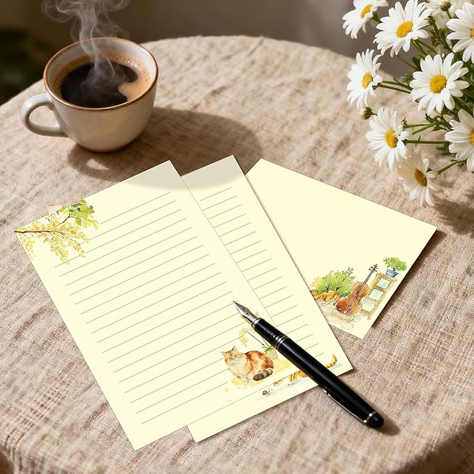 36PCS Cat Theme Stationery Set, Warm Yellow Healing Style Letter Writing Paper with Cute Kitty Illustrations and Envelopes for Letters, Invitations, Holiday Greetings, Party Notes and Gifts