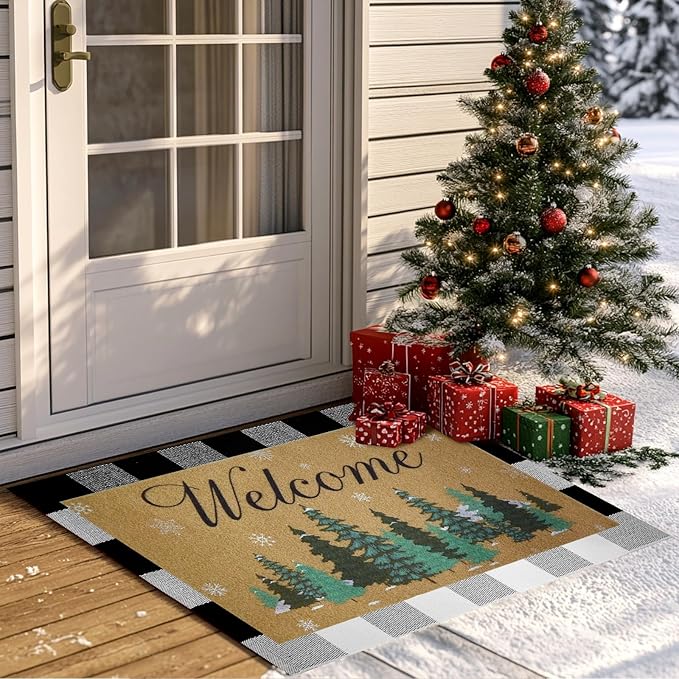 2 Pcs Christmas Welcome Doormats 30 x 17 Inch Christmas Pine Coir Door Mats for Front Doors Nonslip 2-in-1 Seasonal Buffalo Plaid Rug for Holiday Outside Entrance Porch Home Decor