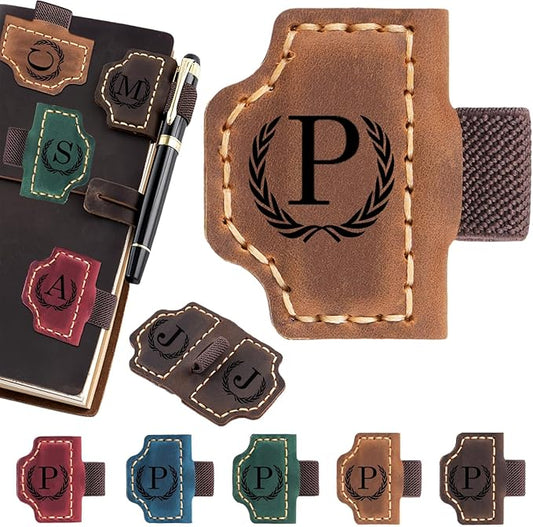 Personalized Magnetic Leather Bookmark with Pen Holder - 26 Letters Custom Book Mark with Name Initial Engraved Book Marker for Readers, Book Lovers, Travelers - Gift for Women & Men(Light Brown，P