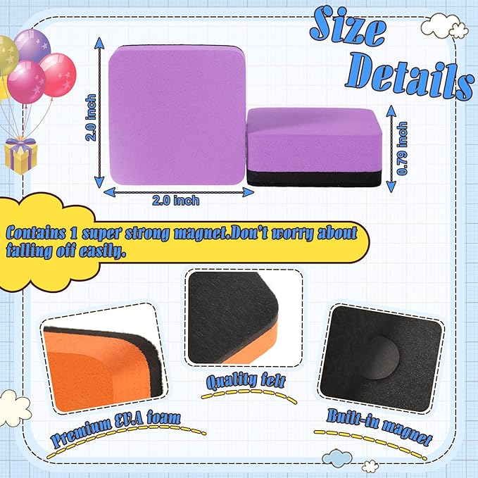 TaoBary 96 Pack Mini Dry Erase Erasers Bulk Magnetic Whiteboard Dry Erasers Classroom Supplies Whiteboard Chalkboard Cleaner for Teacher School Office, 1.97 x 1.97 Inch (Macaron Color)