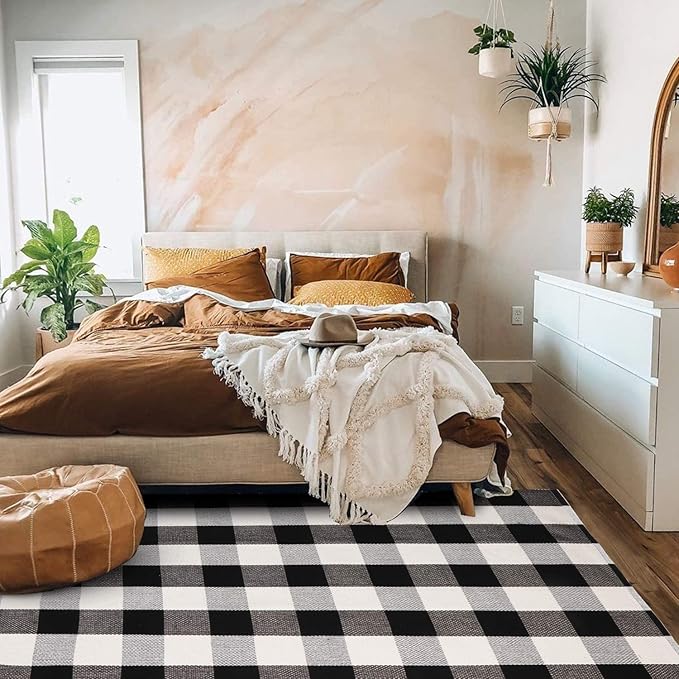 KIMODE Buffalo Plaid Christmas Outdoor Rug 3x5, Farmhouse Cotton Front Door Mat, Washable Black and White Checkered Rug for Christmas Welcome Layered Door Mat Front Porch Entryway Kitchen