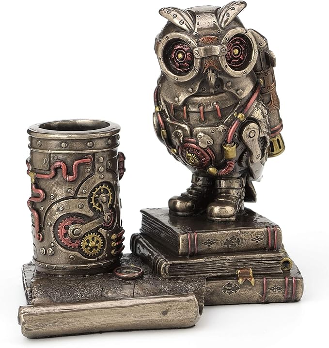 Veronese Design 5 1/4 Inch Steampunk Owl Cell Phone Holder Pen Holder Resin Sculpture Bronze Finish Statue Desk Stand Home Decor Aviation Bird Animal Gift