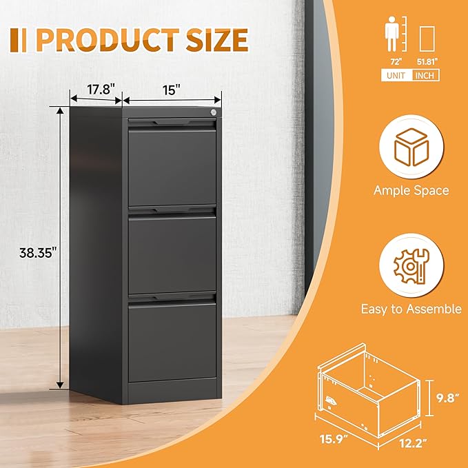 3-Drawer Metal File Cabinet with Lock,Steel Printer Stand with Storage for Home Office,Vertical Filing Cabinet for Legal/Letter/A4 Files,Assembly Required