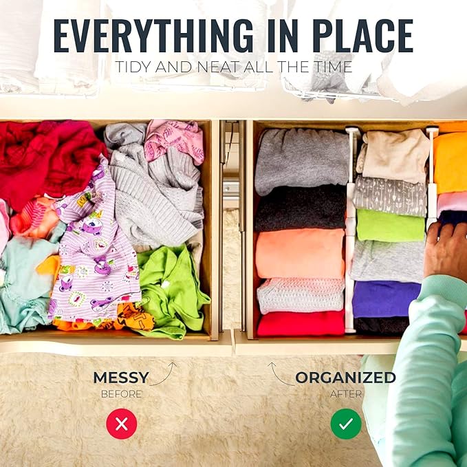 RAPTUROUS Adjustable Drawer Dividers 6 Pack, 4” High, 11-17” Long, Dresser Drawer Organizer for Bedroom, Closet, Kitchen, Nursery, Office, Strong Hold, Soft Foam Edges, White