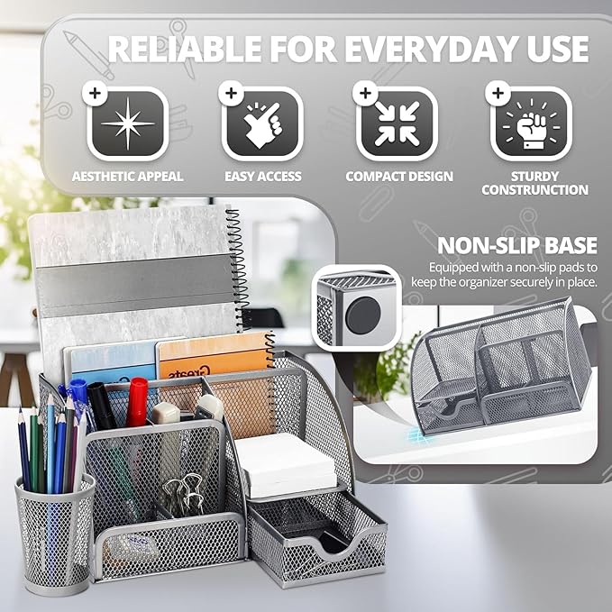 Flexzion Desk Caddy Organizer Set (Silver Gray) - Metal Mesh Desktop Caddy with Drawers, 6 Compartments, and Pencil Holder for Women & Men - Desktop Organizer and Storage for Work or Office Supplies