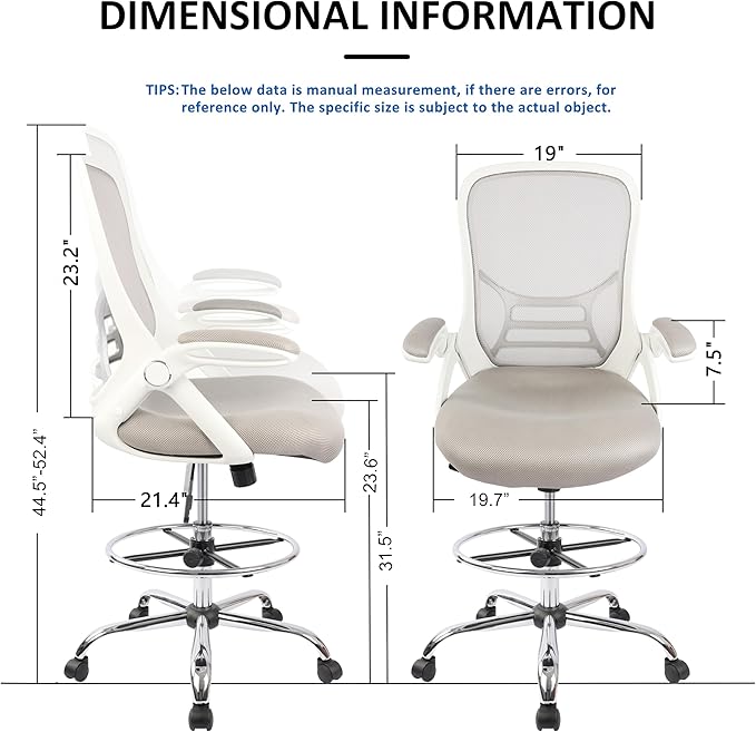 HYLONE Drafting Chair, Tall Office Chair Standing Desk Stool with Adjustable Foot Ring, Flip-Up Arms, Mesh High-Back Drafting Table Chair, White & Grey