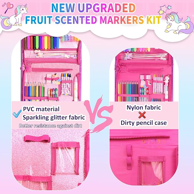 70Pcs Fruit Scented Markers Kit - Kawaii Stationery Set with Unicorn Pencil Case, Art Coloring Drawing Kit for Kid Include Marker, Pencil, Crayon, Pen, Eraser, Sticker, Unicorn Xmas Gift for Girl 4-12