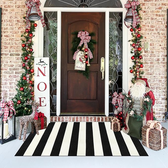 Collive Black and White Outdoor Striped Rug 27.5"x 43", Washable Front Porch Rug Layered Christmas Door Mats, Cotton Woven Farmhouse Christmas Decor for Welcome Mat Kitchen Entryway