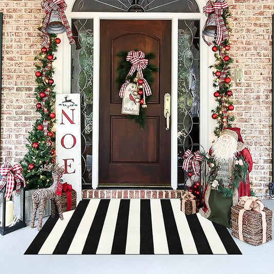Collive Black and White Outdoor Striped Rug 27.5"x 43", Washable Front Porch Rug Layered Christmas Door Mats, Cotton Woven Farmhouse Christmas Decor for Welcome Mat Kitchen Entryway