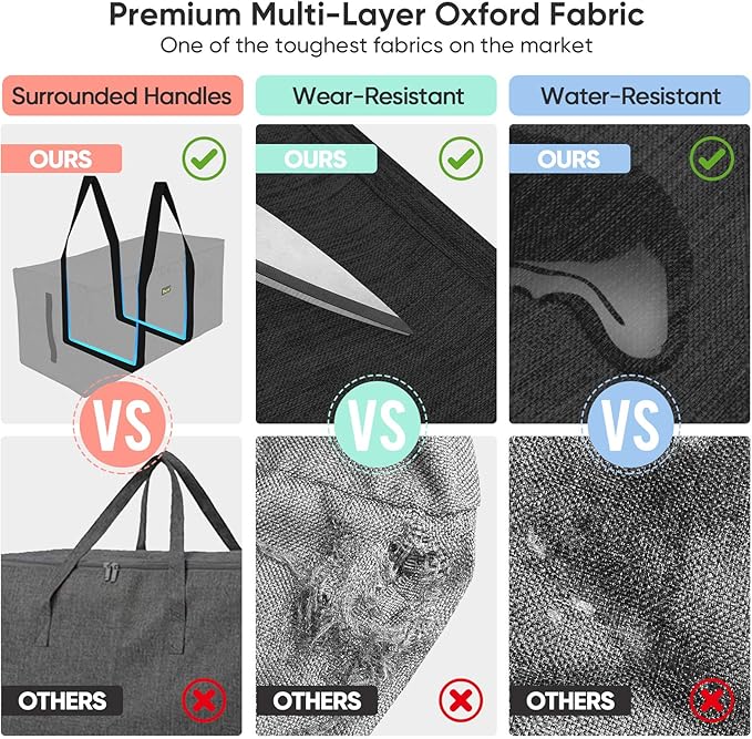 BALEINE Extra Large Storage Tote with Zippers & Carrying Handles, Heavy-Duty Oxford Fabric Moving Bags for Laundry, Space Saving, Storage, 2-Pack, Charcoal Black