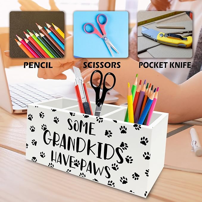 Dog Grandparents Gifts Pen Pencil Holder Organizer for Desk, Some Grandkids Have Paws Wooden Box Signs Decorations for Home Office Desk Tabletop, Dog Grandma Grandpa Gifts
