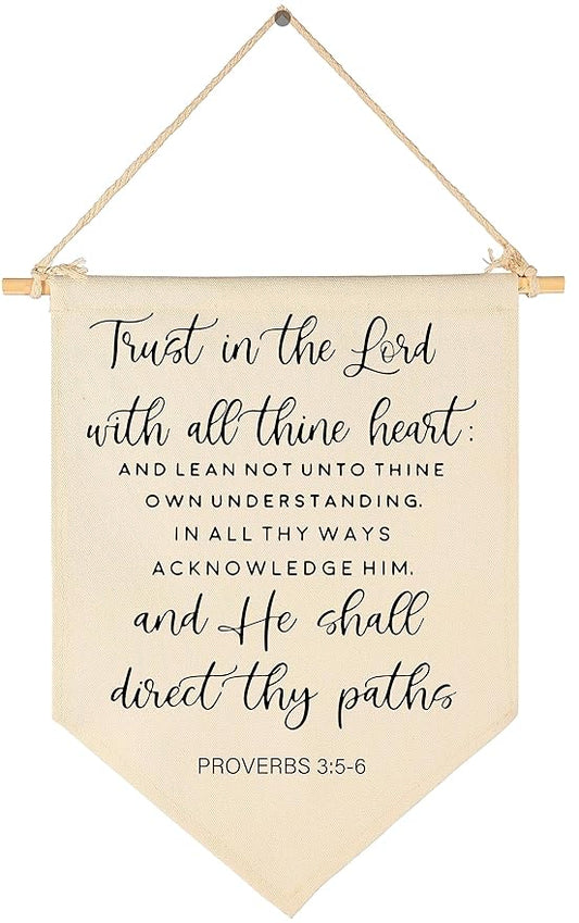 Bible Verse Sign-Scripture Banner Decor- Inspirational Home Decor-Wall Flag Decoration For Living Room Front Door Playroom Bedroom-Trust In The Lord With All Thine Heart
