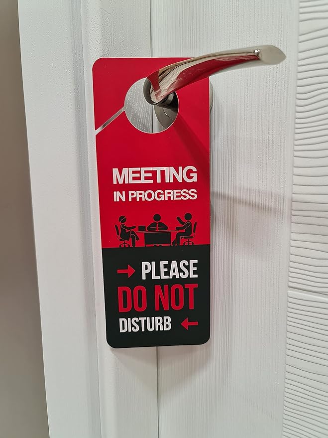 Business Design, Meeting In Progress Do Not Disturb Door Hanger Sign, 2 Pack, Double Sided, Ideal for Offices, Online Sessions and Meetings, Online Classes, Home Offices, Counseling