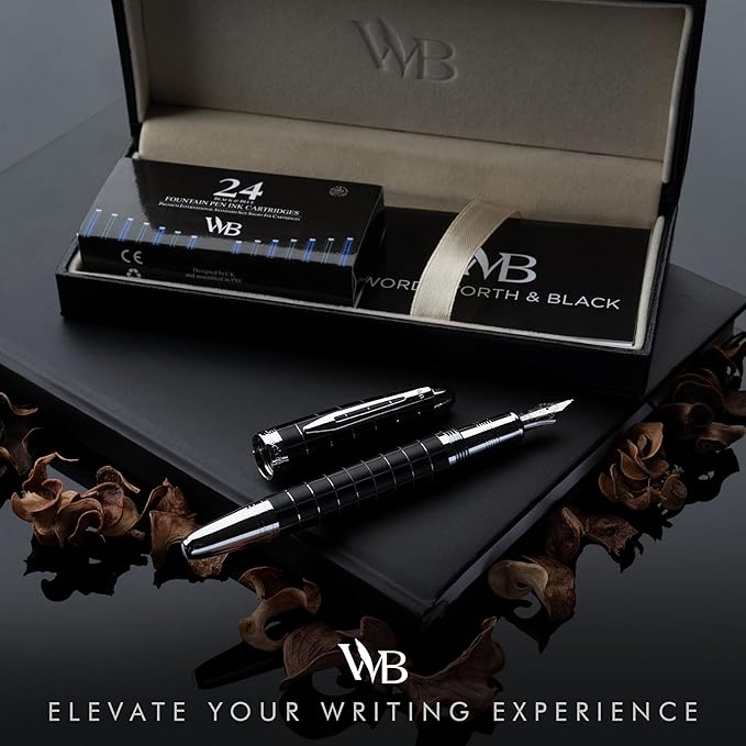 Wordsworth & Black Majesti Fountain Pen-(Checked), Luxury Case, Chrome Finish; Fine Nib- Ink Cartridges, Refillable Ink Converter-Calligraphy Pen-Best Business Gift Set for Men & Women