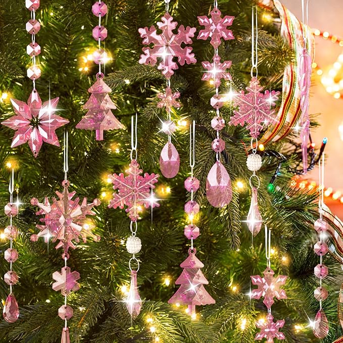 Lanpn 22pcs Christmas Ornaments Crystal Christmas Tree Decoration, Hanging Clear Acrylic Snowflake Icicle Drop Crystal Pendants for Xmas Tree Winter New Year Outdoor Indoor Party Decoration (Pink)