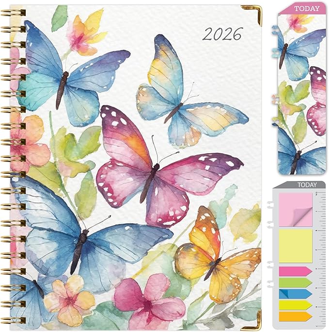 HARDCOVER 2026 Planner, 8.5"x11": 14 Months (November 2025 - December 2026), Daily Weekly Monthly Planner, Yearly Agenda, Bookmark, Pocket Folder and Sticky Note Set (Watercolor Butterflies)