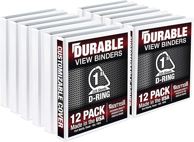 Samsill Durable 1 inch 3 Ring Binder, Made in USA, D Ring Binder, FSC 100% Recycled Chipboard, White, 12 Pack