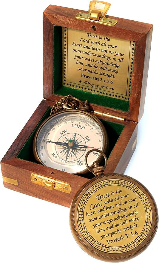 Trust in The Lord with All Your Heart -Proverbs 3: 5-6 Quote Engraved Compass with Wooden Box, Baptism Gifts for Boys, Inspirational Gifts Men, Graduation Day Gifts, First Communion Gifts