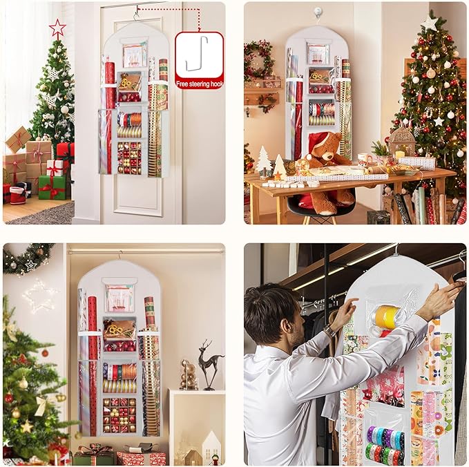 Hanging Gift Wrapping Paper Storage, 48x24 (Extra Large) White Double-Sided Christmas Wrapper Bag Container, Oxford Long Craft Roll Organizer, Present Wrap Holder for Closet, Door