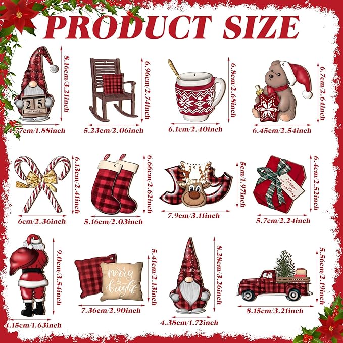 Huwena 36 Pcs Christmas Wooden Ornaments Red Black Christmas Decorations for Tree Snowman Gnomes Poinsettia Flowers Truck Wreath Wood Cutouts Tags with Ropes Winter Decor for Xmas Tree Gifts