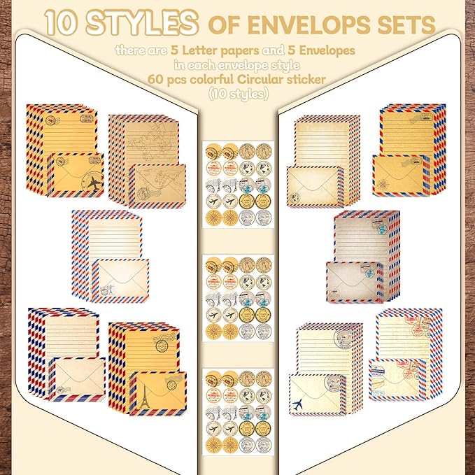TaoBary 160 Pcs Stationery Paper Set 50 Double Sided Stationery Papers with 50 Matching Envelopes and 60 Round Dot Sticker, 10 Design(Vintage Airmail,5.5 x 8.25 Inch)