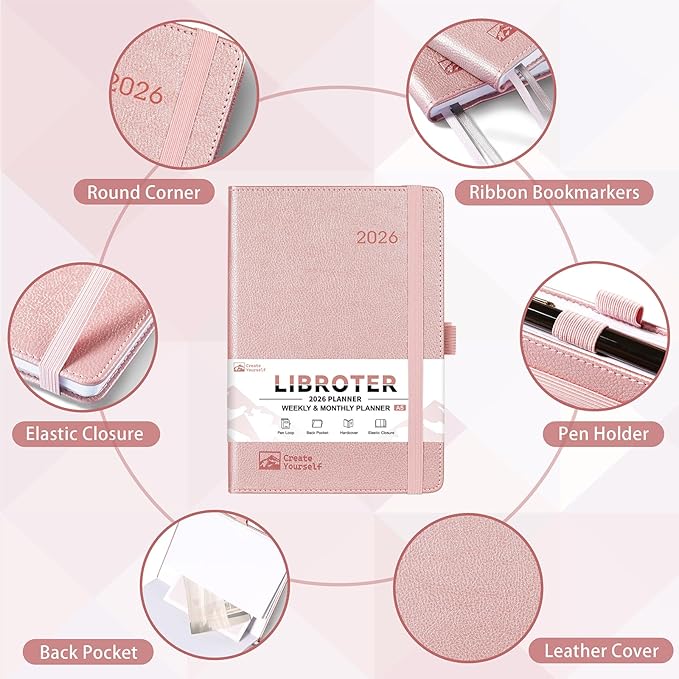 2026 Planner - Planner 2026, 2026 Weekly Monthly Planner, Jan.2026 - Dec.2026, 5.7'' x 8.4'', Thick Paper, Leather Cover, Pen Holder, Back Pocket, Bookmarks, Perfect Daily Organizer - Rose Gold