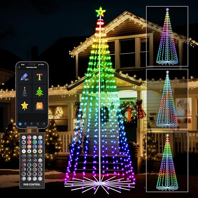 10FT Smart Christmas Tree Lights with App & Remote Control, 514 RGB Color Changing LED Cone Tree Lights, Music Sync, Custom Light Show, IP44 Waterproof Outdoor Decoration for Xmas, New Year, Parties