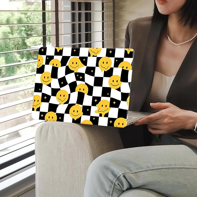KEROM Compatible for MacBook Air 13 inch Case 2025 M4, 2024-2022 M3 M2 A3240 A3113 A2681, Cute Sleek Aesthetic Plastic Hard Shell with Keyboard Cover for Mac Air 13.6 inch Case, Checkered Smiley Face