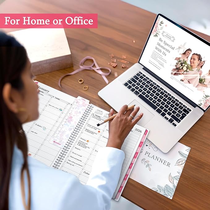 CRANBURY Daily Planner 2026, 8.5x11 Appointment Book, Jan to Dec 2026, 15-Min Hourly Scheduler, Large Planner Book with Colorful Tabs, Premium Paper (Blossoms)