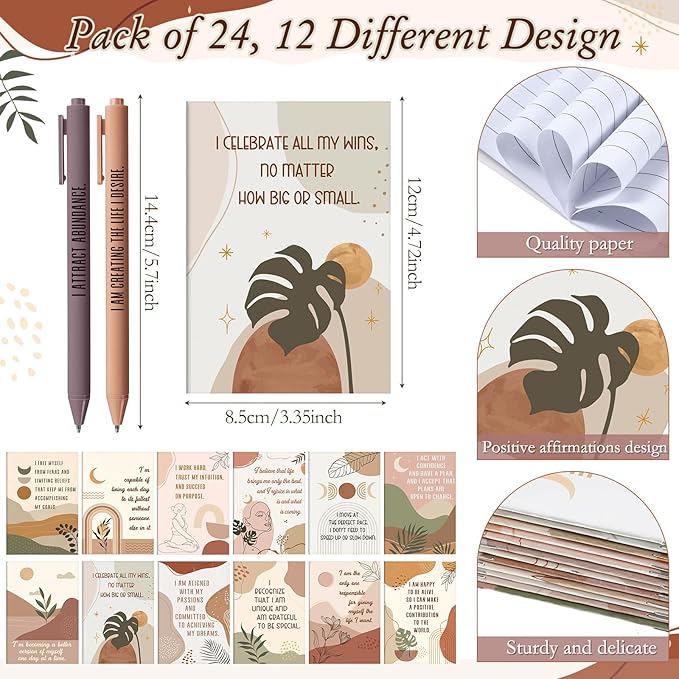 24 Set/48 Pcs Positive Affirmation Gift Set Gratitude Notebooks with Pens Small Bags Motivational Encouragement Notepads Daily Affirmations Journal for Women Stress Relief Self Care (Abstract)