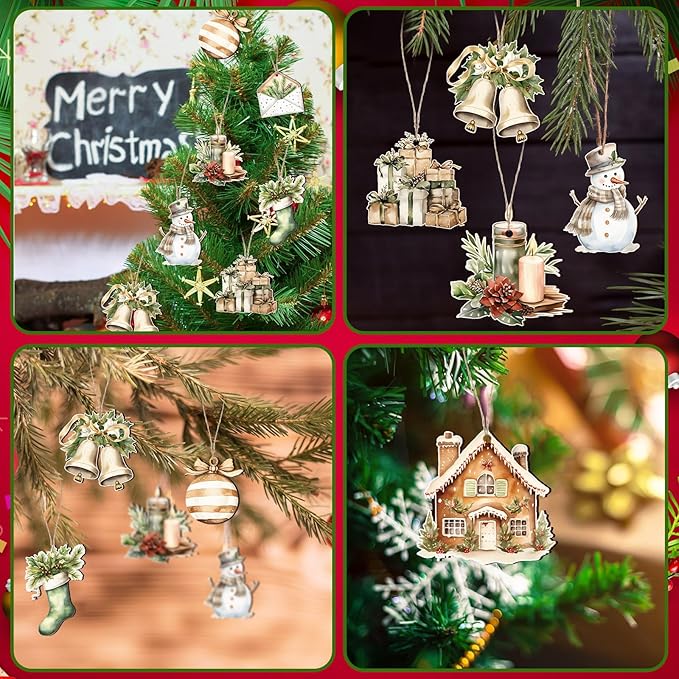 Huwena 36 Pcs Woodland Christmas Ornaments Farmhouse Winter Wooden Ornaments Snowman Reindeer Wreath Bells Flowers Wood Cutouts Tags with Ropes Country Neutral Christmas Decor for Xmas Tree Gifts